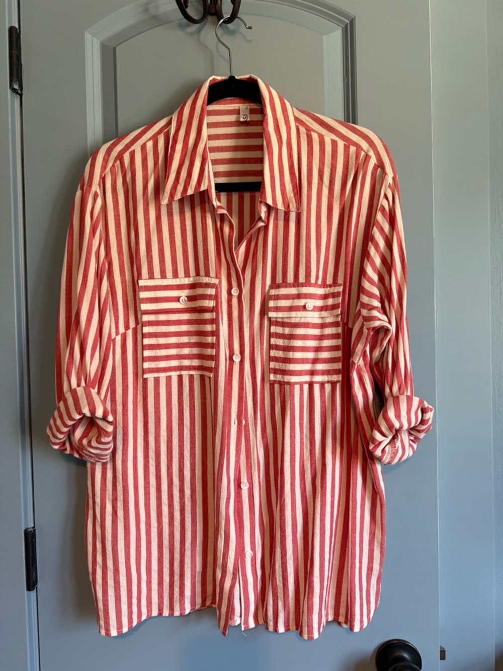 Red and White Striped Button-Up Shirt